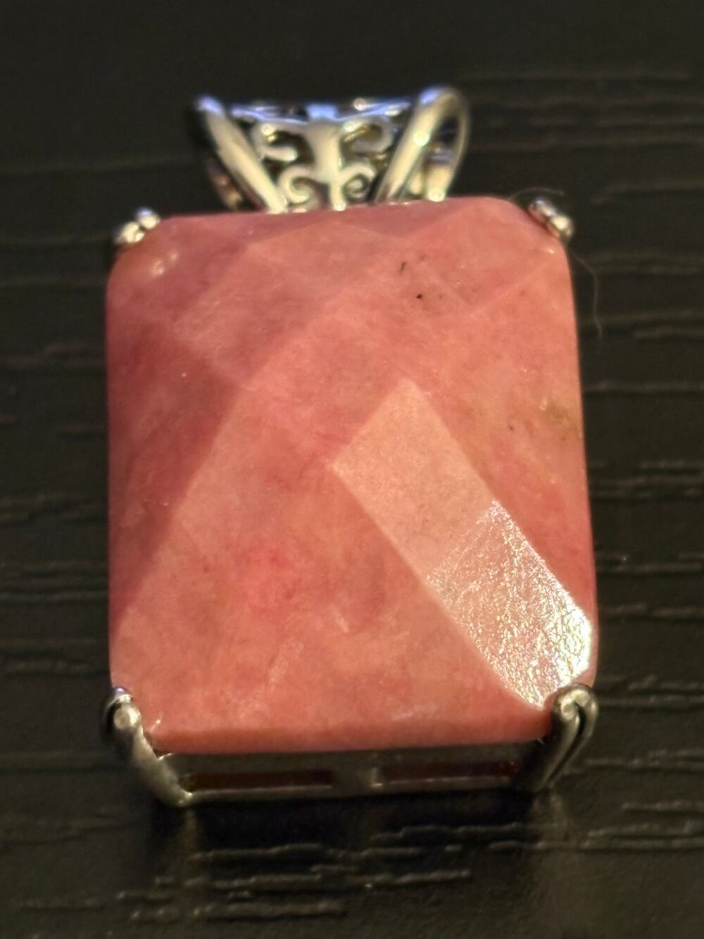 Vintage Pink Rhodonite Faceted Statement Pendant Silver Tone